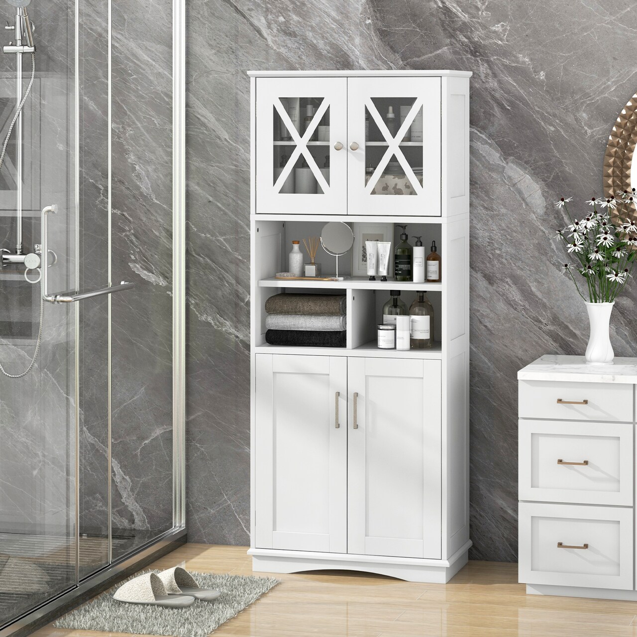 57-Inch Tall Freestanding Bathroom Storage Cabinet with 3 Adjustable Shelves and Acrylic Doors